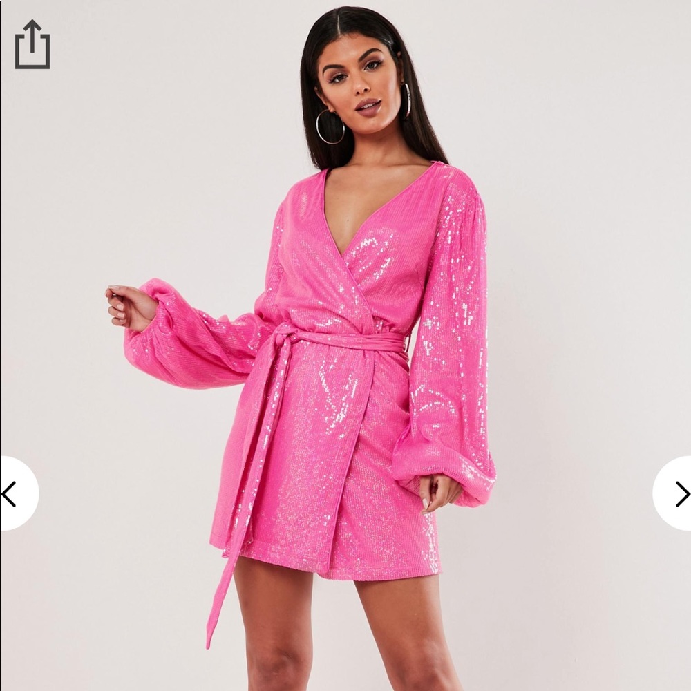 Pink Sequin Wrap Balloon Sleeve Mini Dress